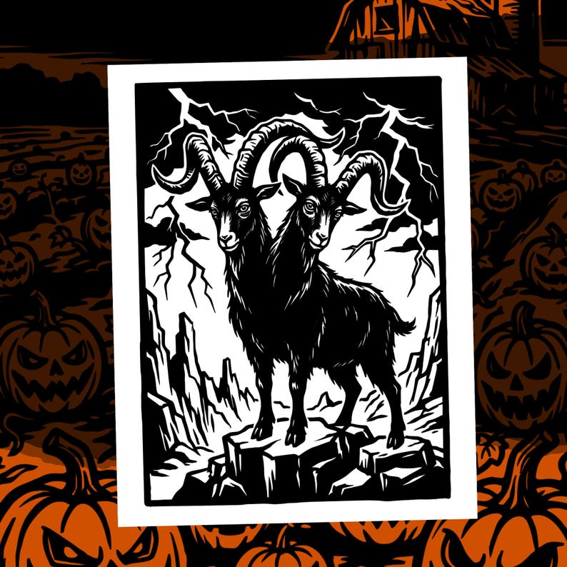 May include: A black and white graphic print featuring a two-headed goat standing on a rocky outcrop. The background displays jagged mountain peaks and lightning bolts. The illustration is rendered in a high-contrast, bold ink style.
