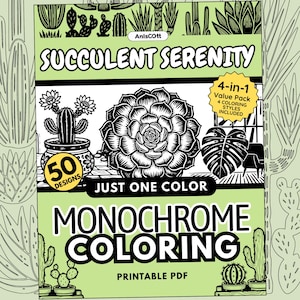 Succulent Serenity Monochrome Coloring Book, Just One Color Printable PDF, Botanical Line Art Therapy (50 Pages)