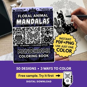 Floral Animal Mandalas Monochrome Coloring Book, One Color Guided Coloring Pages Printable PDF PNG, 50 Designs