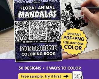 Floral Animal Mandalas Monochrome Coloring Book, One Color Guided Coloring Pages Printable PDF PNG, 50 Designs