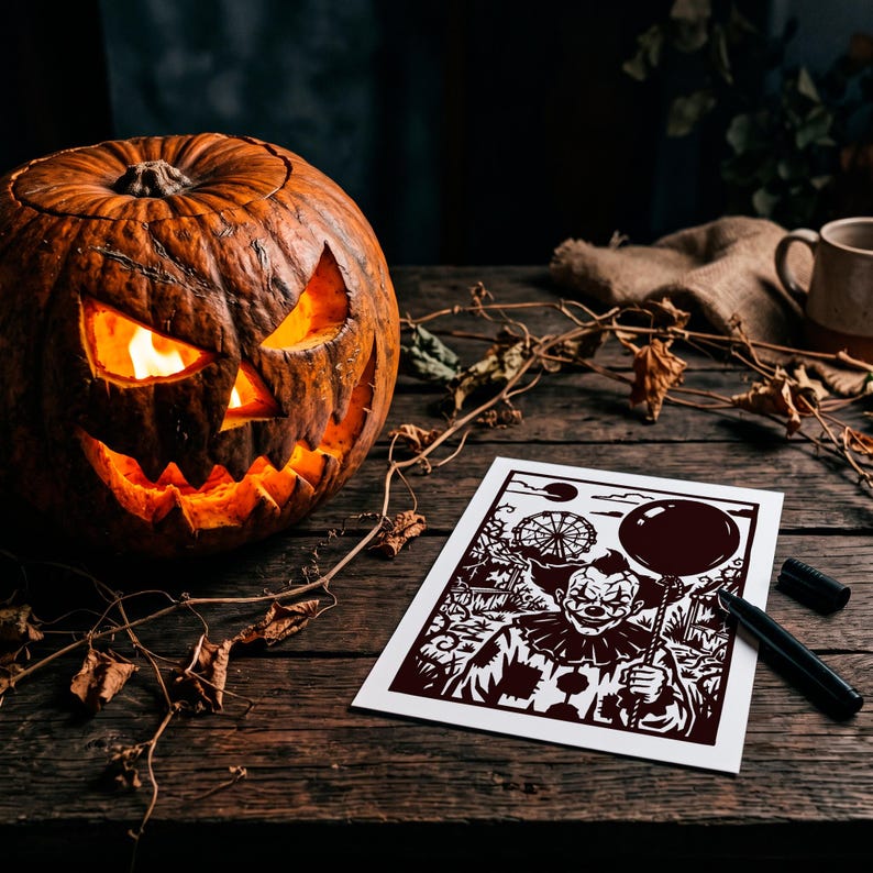 May include: A carved orange pumpkin with a glowing interior and jagged facial features sits beside a white rectangular paper featuring a dark brown graphic illustration of a clown holding a balloon, accompanied by a black marker pen.