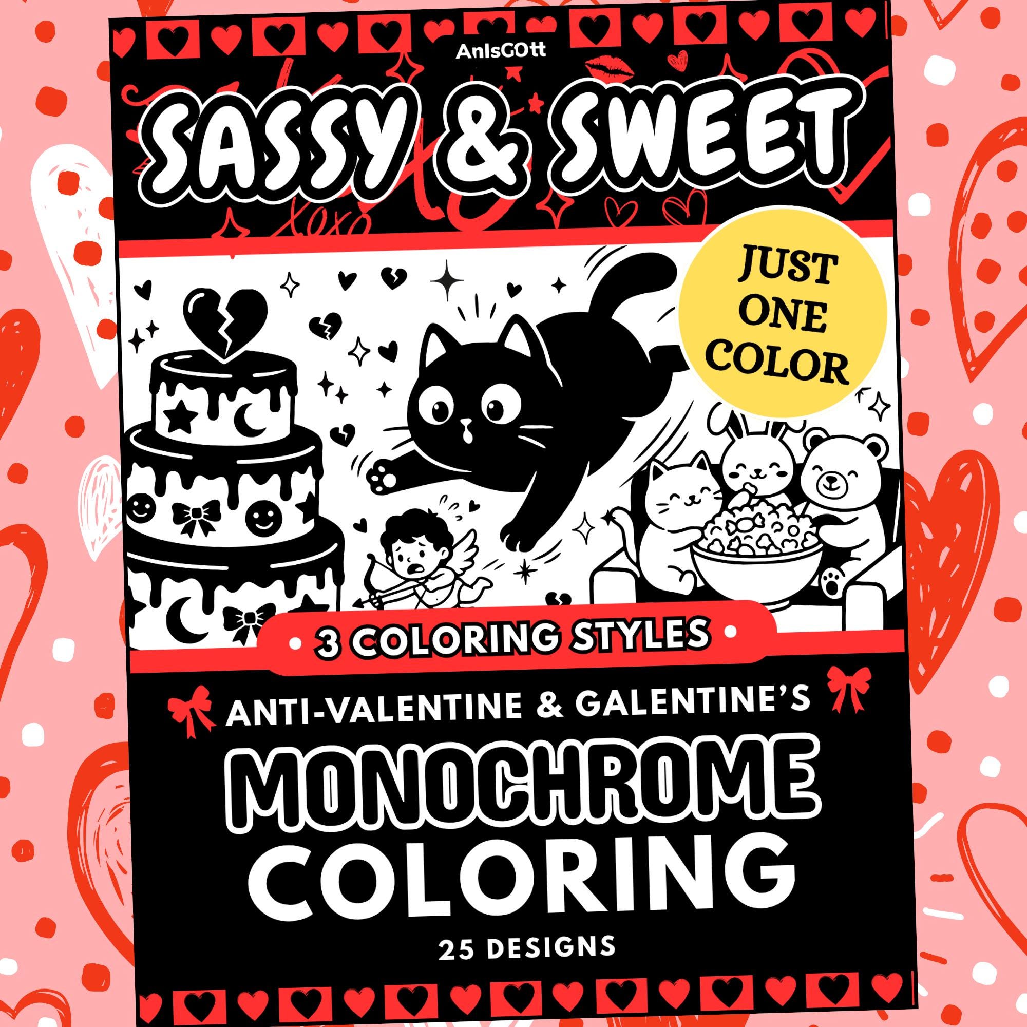 Sassy Anti Valentine Monochrome Coloring Book, One Color Adult Printable PDF PNG (25 Designs)