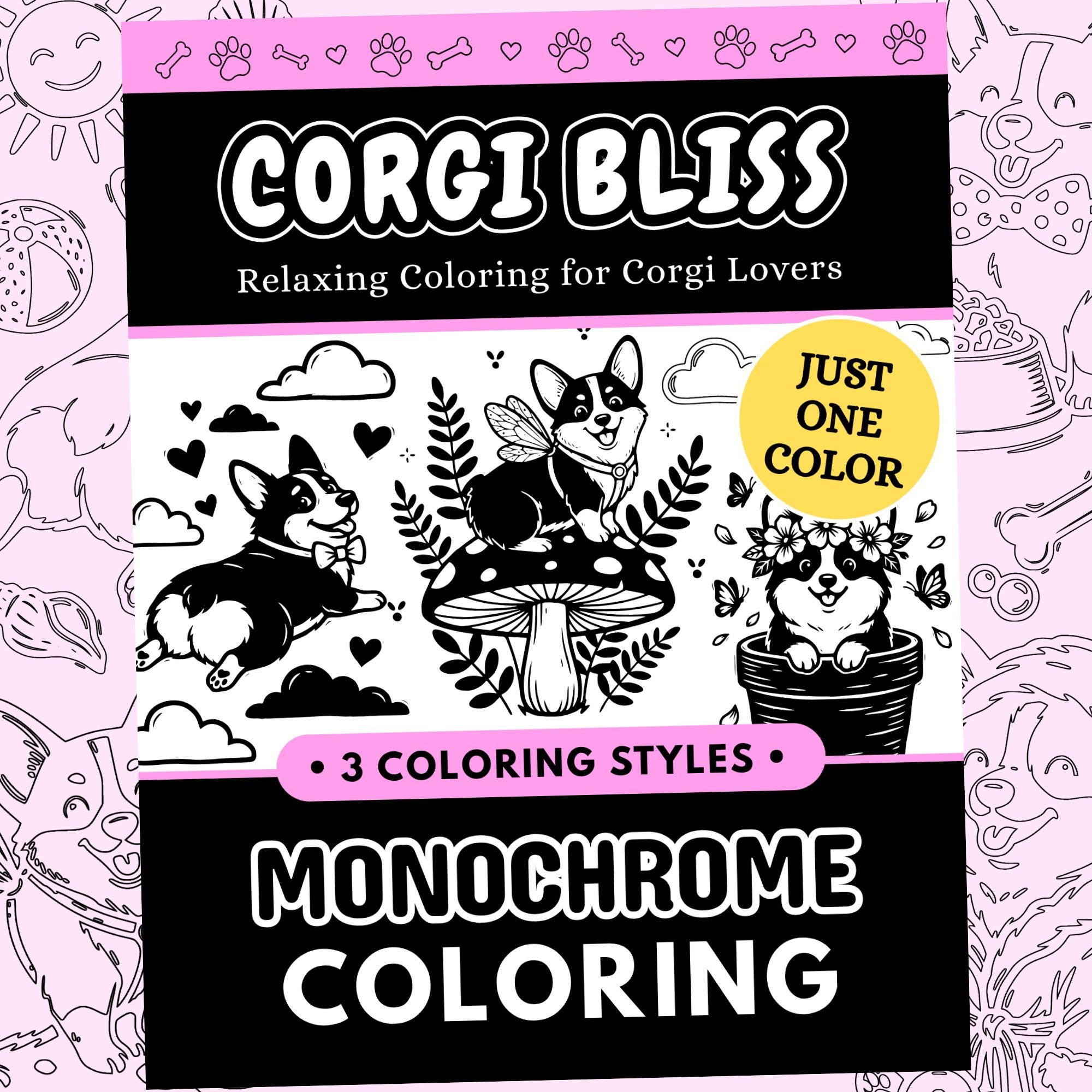 Corgi Bliss Monochrome Coloring Book, Cute Dogs, Bold Easy One Color Stress Relief Printable PDF PNG (20 Designs)