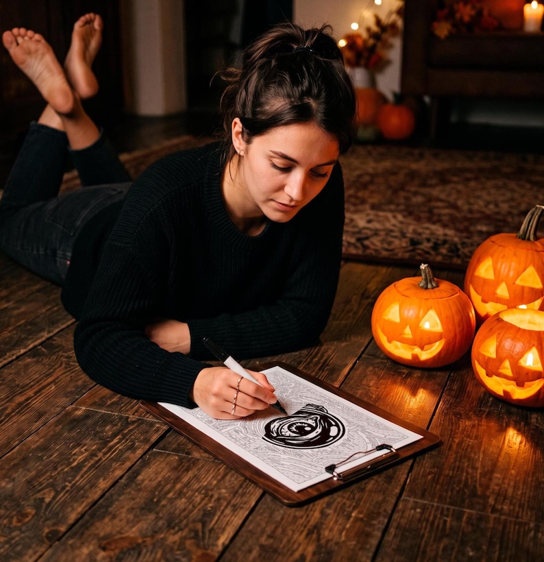 May include: A black sweater and dark jeans worn while drawing with a black marker on white paper attached to a wooden clipboard. The paper features a detailed black and white illustration of a stylized eye. Three carved jack-o'-lanterns glow nearby.