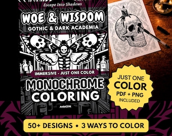 Dark Academia Gothic Monochrome Coloring Book, One Color Stress Relief Printable Pages PDF PNG (50 Designs)
