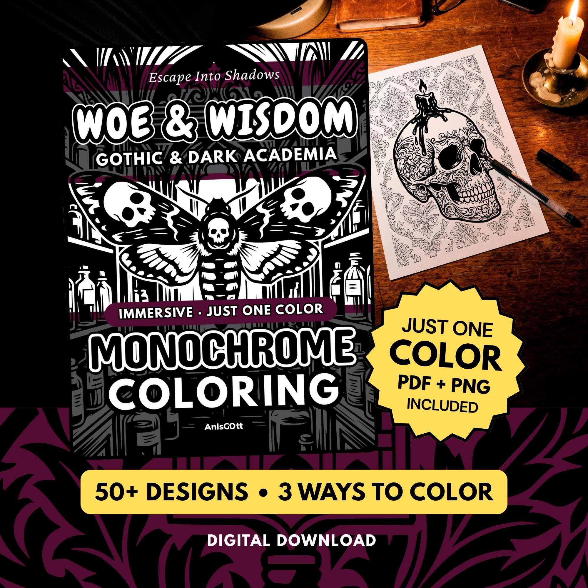 Dark Academia Gothic Monochrome Coloring Book, One Color Stress Relief Printable Pages PDF PNG (50 Designs)