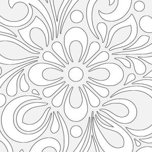 May include: A detailed, symmetrical floral pattern in black and white. The design features a central flower shape surrounded by swirling, organic elements, including teardrop and circular shapes. The pattern is set against a light grey background.