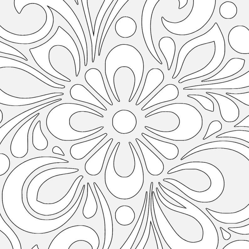 May include: A detailed, symmetrical floral pattern in black and white. The design features a central flower shape surrounded by swirling, organic elements, including teardrop and circular shapes. The pattern is set against a light grey background.