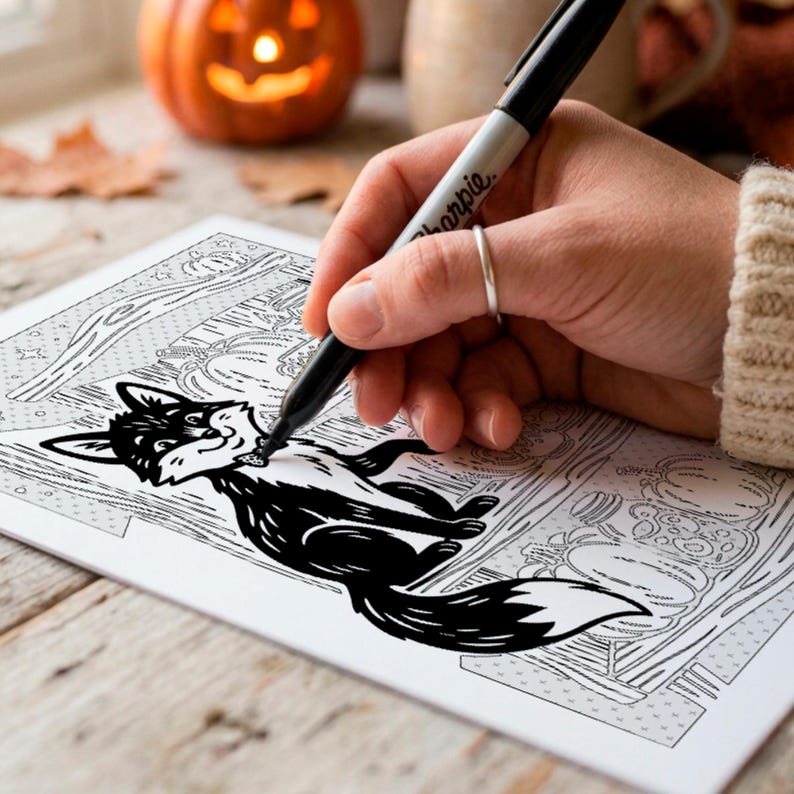 May include: A black Sharpie marker is being used to color in a detailed line art illustration on white paper. The drawing features a stylized fox sitting in a pumpkin patch with decorative patterns. The marker has a grey barrel and black cap.