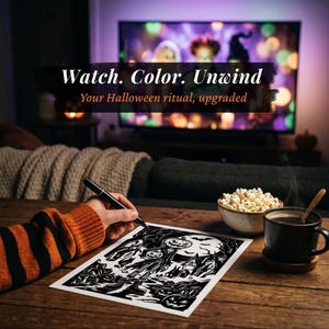 May include: A black marker held over a white paper featuring a detailed black and white illustration of a pumpkin-headed figure in a spooky landscape. The text Watch. Color. Unwind. Your Halloween ritual, upgraded is visible in the image.