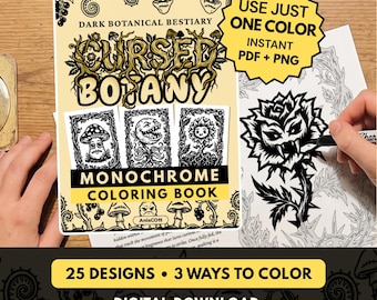 Libro da colorare monocromatico di botanica maledetta, bestiario botanico oscuro, piante inquietanti, un colore, PDF PNG, 25 disegni