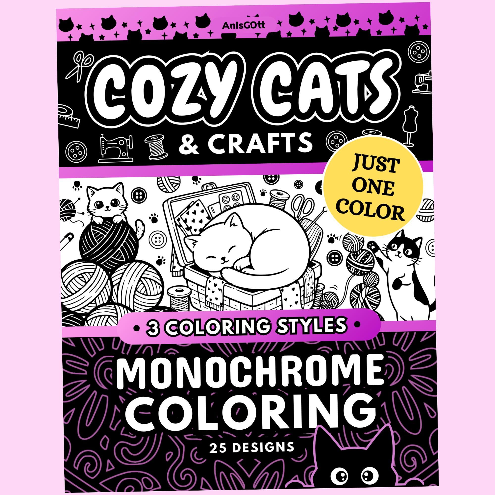 Cozy Cats & Crafts Monochrome Coloring Book, Bold Easy One Color Stress Relief Printable Pages PDF PNG (25 Designs)
