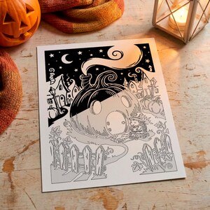 May include: A black and white coloring page featuring a pumpkin-shaped house with a chimney, a crescent moon, stars, and a small hedgehog wearing a hat near the entrance. The scene includes a picket fence, surrounding houses, and vines.
