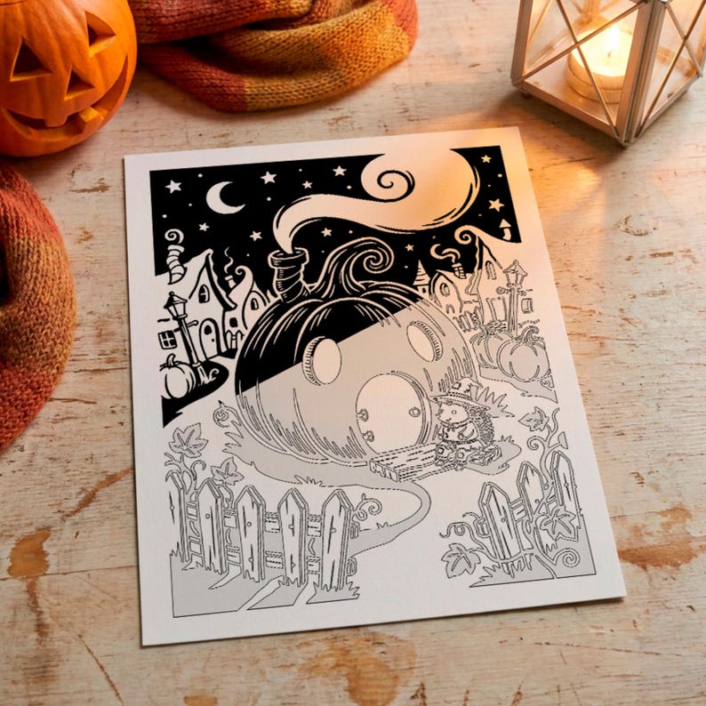 May include: A black and white coloring page featuring a pumpkin-shaped house with a chimney, a crescent moon, stars, and a small hedgehog wearing a hat near the entrance. The scene includes a picket fence, surrounding houses, and vines.