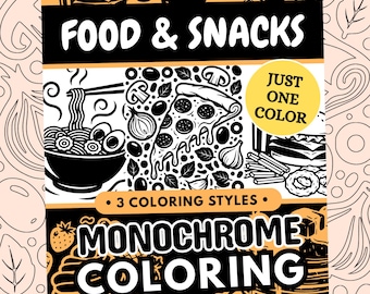 Food Snacks Monochrome Coloring Book, Bold Easy, One Color Adult Stress Relief Pages Printable PDF PNG (50 Designs)