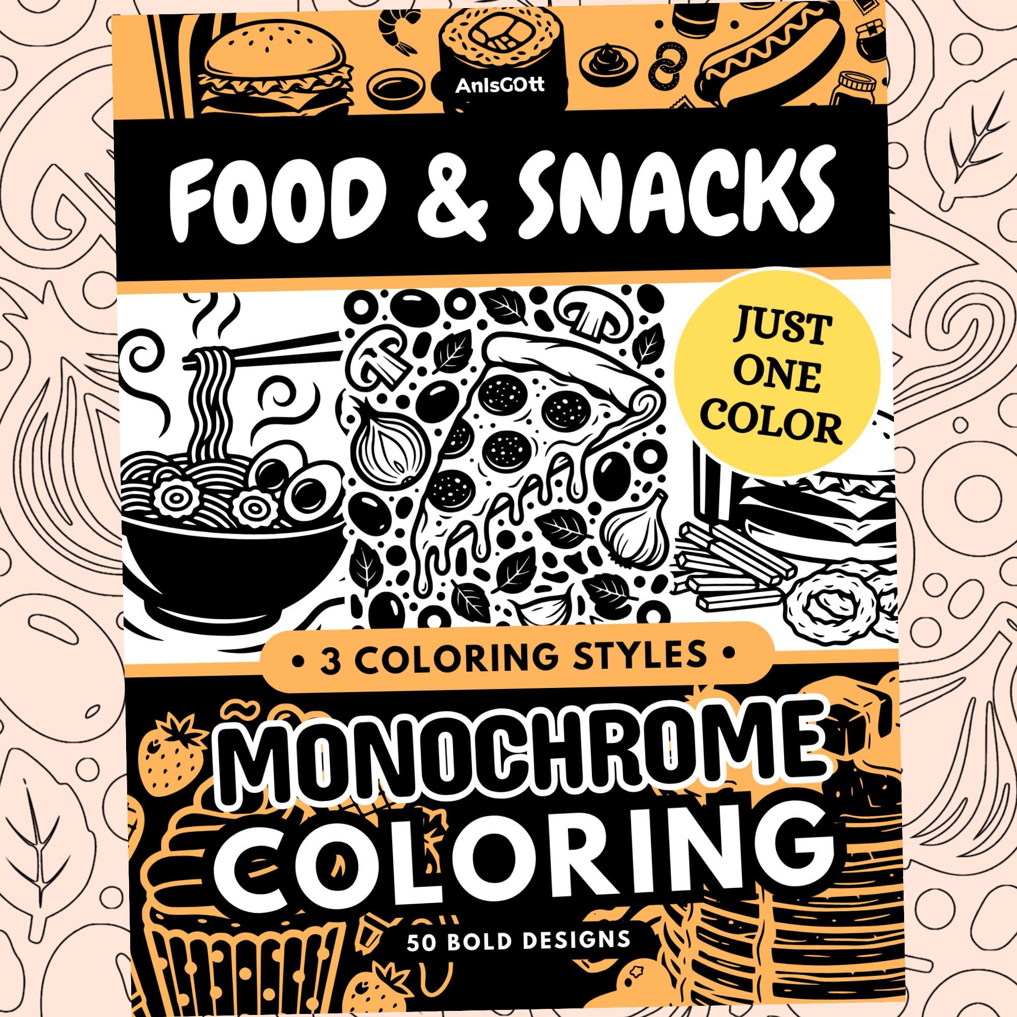 Food Snacks Monochrome Coloring Book, Bold Easy, One Color Adult Stress Relief Pages Printable PDF PNG (50 Designs)