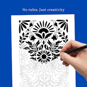 May include: Black and white floral design on white paper. The image includes the text "No rules. Just creativity". A hand is holding a black pen, in the process of colouring the design.
