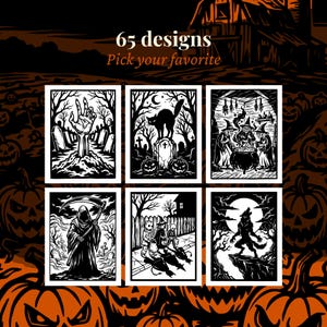May include: A collection of six black and white Halloween-themed illustrations featuring a zombie hand, a cat on a tombstone, witches with a cauldron, a grim reaper, children trick-or-treating, and a werewolf. Text reads 65 designs Pick your favorite.