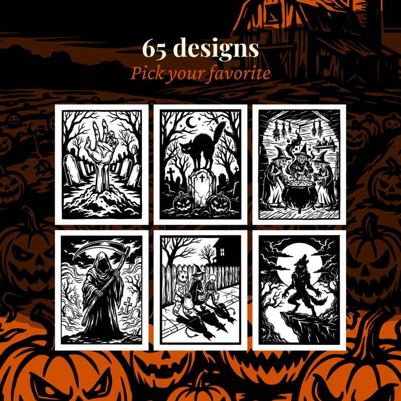 May include: A collection of six black and white Halloween-themed illustrations featuring a zombie hand, a cat on a tombstone, witches with a cauldron, a grim reaper, children trick-or-treating, and a werewolf. Text reads 65 designs Pick your favorite.