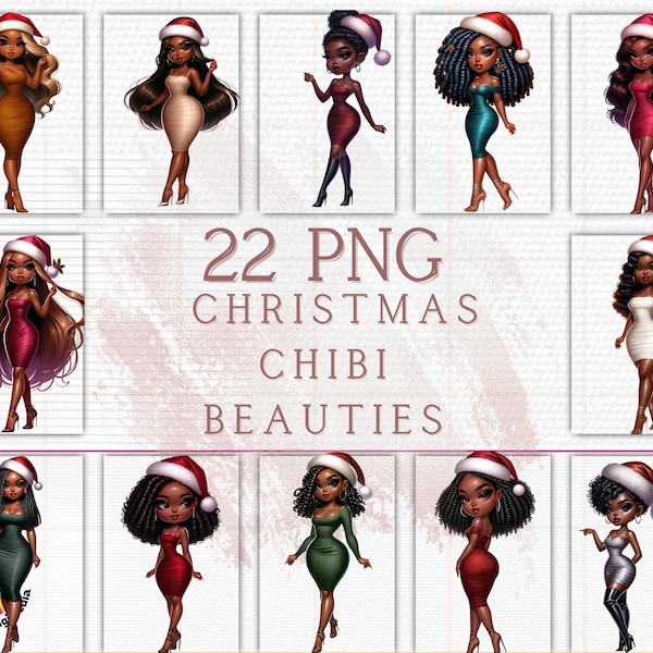 Black Chibi Dolls Christmas Clipart, Chibi Dolls Clipart, Muñecas de moda, muñecas estilo Chibi, paquete de Navidad Chibi