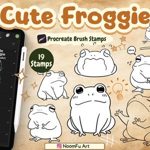 May include: A digital illustration set of 19 cute frog stamps for Procreate. The stamps feature various poses of frogs with different expressions. The set is titled "Cute Froggie" and includes the text "NoomFuArt".