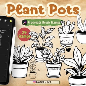 May include: Digital Procreate brush stamps featuring various plant pots with different plant designs. The image includes a tablet with a stylus, showcasing the stamp options. The text "Plant Pots" and "24 Stamps" are visible.