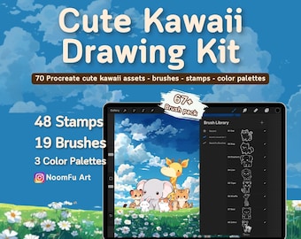 67 Procreate Cute kawaii brushes and stamps, Procreate Drawing kit, Animals doodle, Cute brushset, Sketch, Doodles Procreate stamps