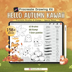 Pode incluir: Uma ilustração digital de um kit de desenho Procreate com o texto "HELLO AUTUMN KAWAII" e "Procreate Brushes & Stamps + Special Bonus". O kit inclui 63 pincéis, 88 carimbos e 7 paletas de cores. A imagem também apresenta uma variedade de ilustrações com tema de outono, incluindo uma raposa, um esquilo, um ouriço, abóboras e folhas.