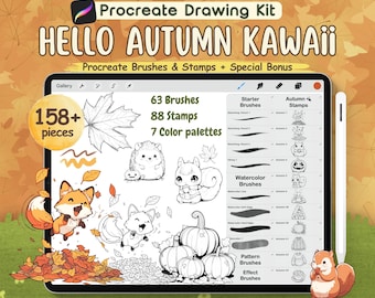 158 Procreate Autumn Cute Kawaii Fall Drawing Kit Brushes and Stamps, Fall Digital Art Set, Cute Leaves, Pumpkins, Animal, kawaii fall stamp
