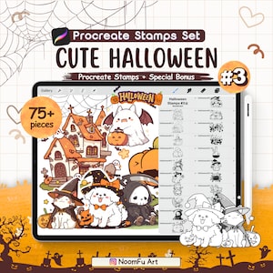 May include: A digital illustration of a Procreate stamp set featuring cute Halloween themed images. The set includes 75+ stamps, including a haunted house, ghosts, pumpkins, cats, and dogs. The set is labelled "Halloween Stamps #3".