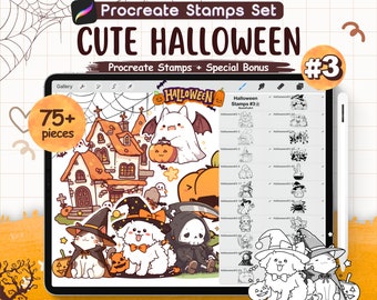 75 Cute Halloween Procreate Stamps EP3 – Kawaii Ghosts, Cat Witches, Dog Ghosts, Pumpkins, Procreate Brushset, Digital Art, Animal doodle