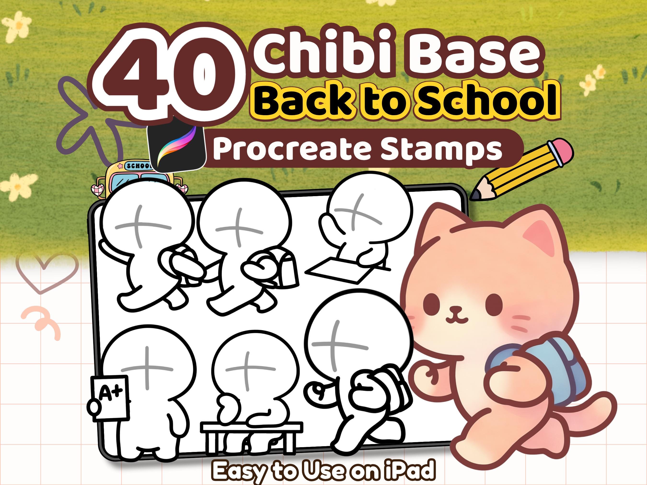 40 sellos Procreate chibi de vuelta al cole – Bases de poses kawaii con PNG para anime, manga, emotes, pegatinas y clipart