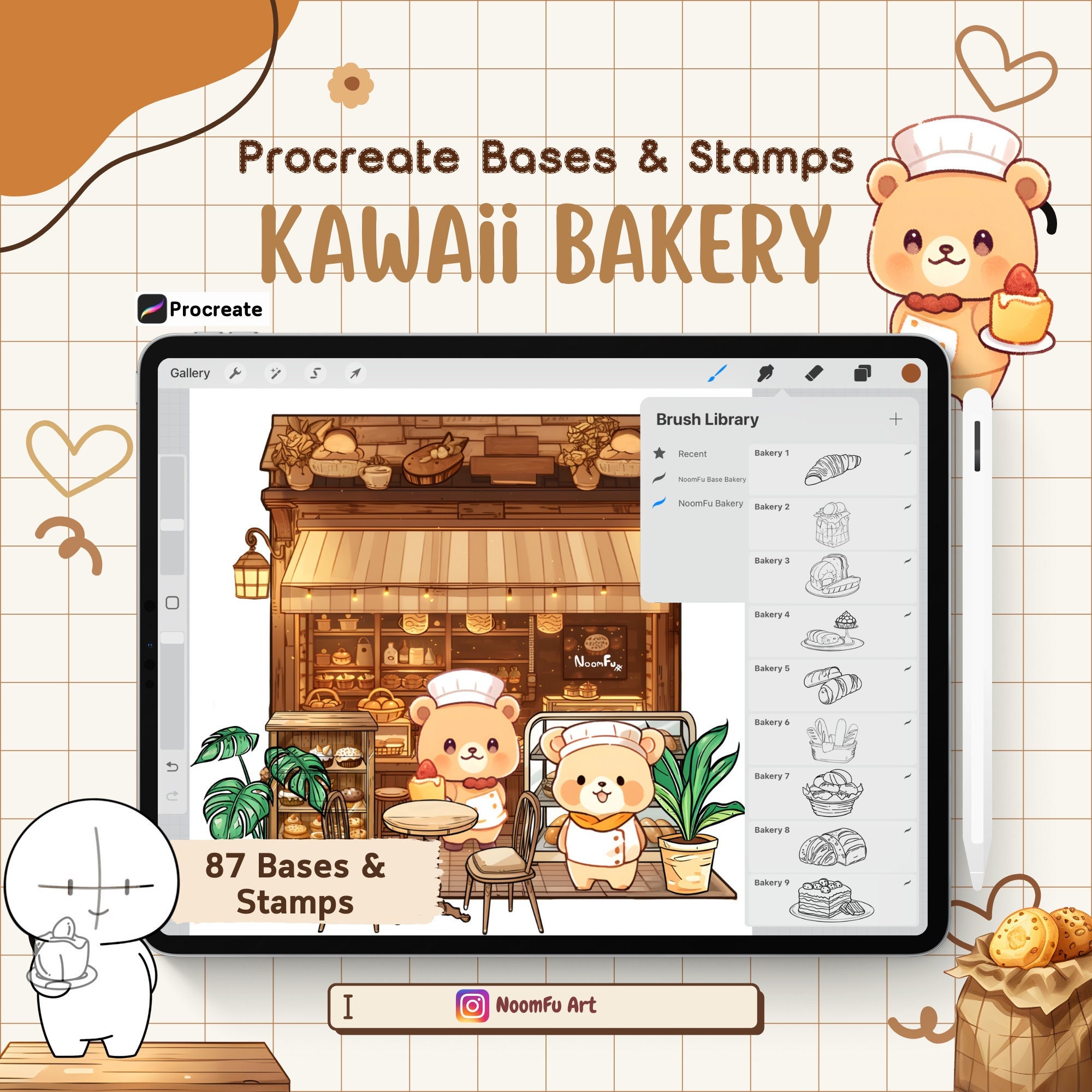 87 Procreate Kawaii Bakery Bases & Stamps – Cute Chibi Poses, Animal Doodles, Brush Set