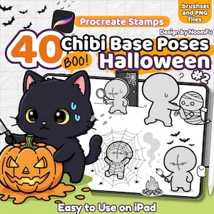 May include: Digital art set of Halloween-themed chibi base poses. The image features a black cat with a knife next to a carved pumpkin, along with other Halloween characters. Text includes "40 Chibi Base Poses Halloween" and "Easy to Use on iPad."