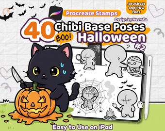 Chibi Halloween Pose Procreate Stamps Part 2 – 40 Kawaii Costume Drawing Guide, Cute Spooky Poses for Stickers, Emotes, Comics, YCH, Animal