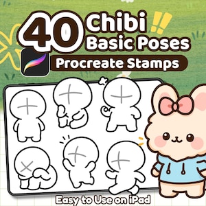40 Chibi Pose Procreate Stempel - Niedliche Zeichnung Anleitung für Emotes, Kawaii Charaktere, Emotes, Aufkleber, Comics, Anime, VTuber Emotes & Clipart