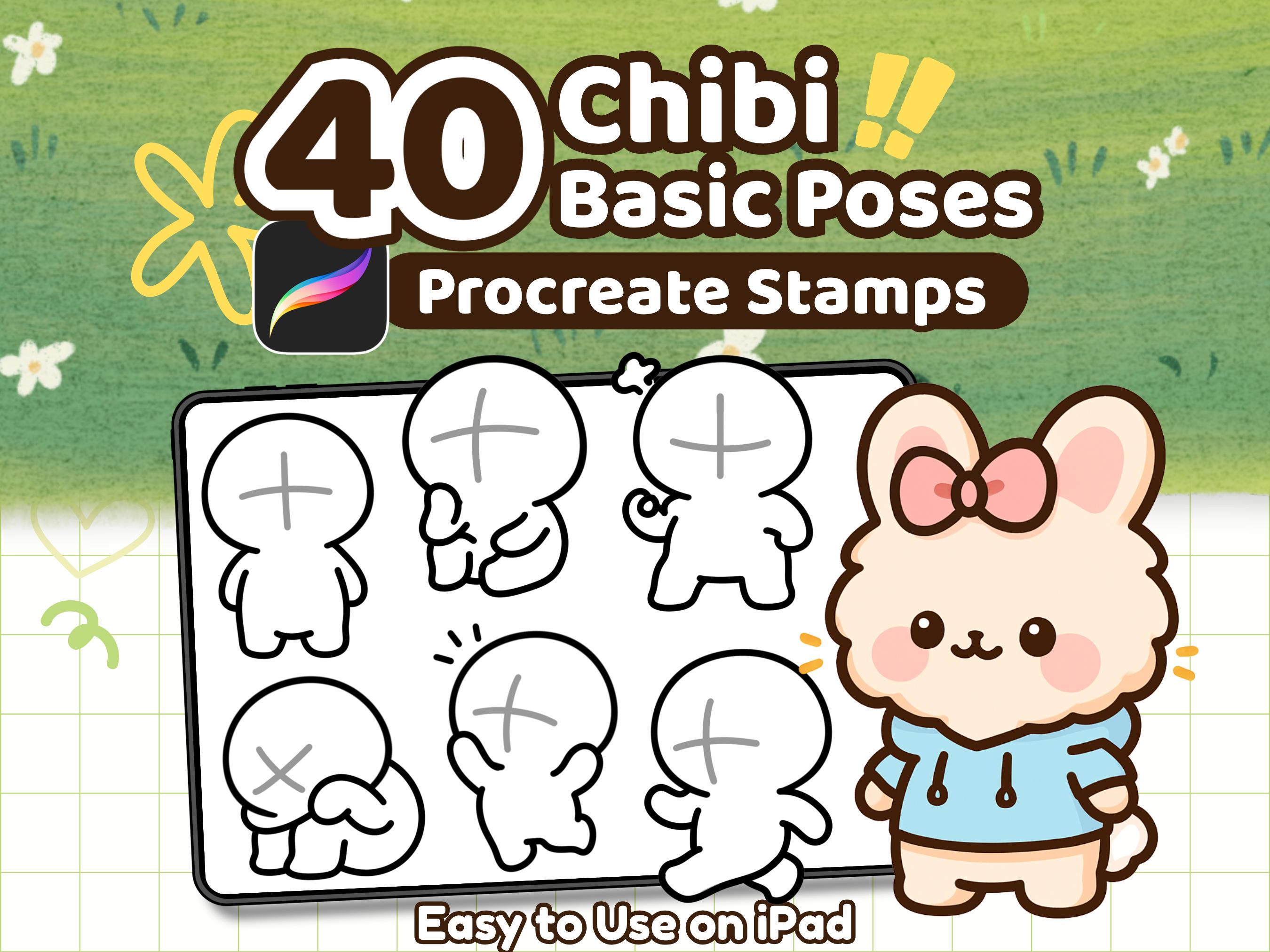 40 sellos de poses chibi para Procreate – Bases kawaii con PNG para anime, emotes, stickers y arte de VTuber - Image 1