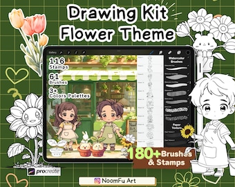 180 Procreate Flower Cute Kawaii Brushes and Stamps, Watercolor Brush, Procreate Drawing Kit, Kawaii Floral Digital Art Set, Anime Brush Set
