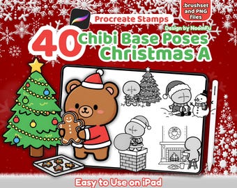 40 Chibi Christmas Procreate Stamps | Kawaii Holiday Pose Base, Santa, Reindeer, Gift, YCH, P2U, Emotes, Drawing Guide, Pose Brush Set