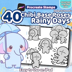 Puede incluir: Set de arte digital para Procreate con 40 poses base chibi para días lluviosos. Incluye un elefante azul con paraguas y figuras chibi bajo la lluvia. El texto dice "Easy to Use on iPad".