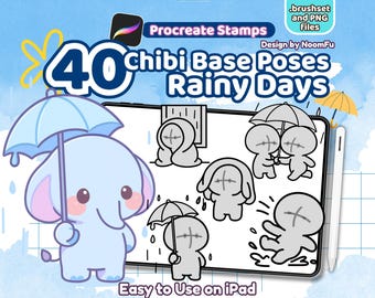 Chibi Rainy Day Procreate Stamps: Kawaii Poses Brushset, Emote Base, Basic Pose, Stickers, Comic, Anime, Clipart, YCH, P2U (PNG Included)