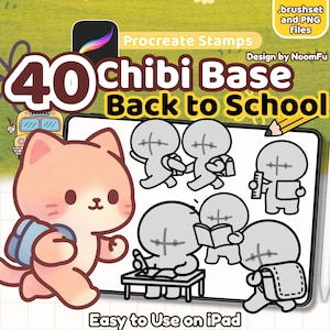 May include: Digital art set for Procreate featuring 40 chibi base designs with a "Back to School" theme. Includes PNG files and brushsets. The image shows a cute cat character with a backpack, a school bus, and various chibi figures. Easy to use on iPad.