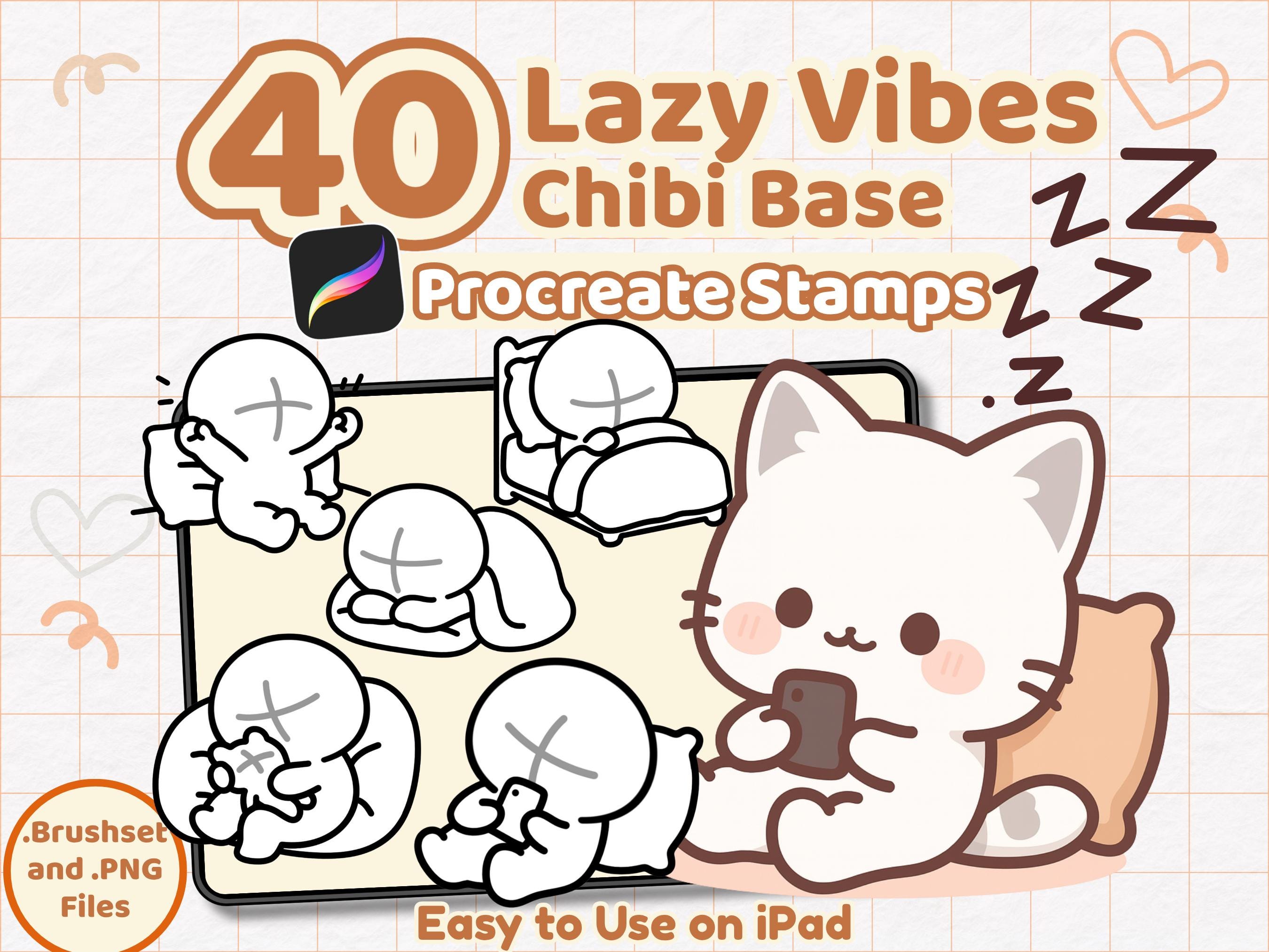 40 sellos de poses chibi Lazy Day para Procreate – Base acogedora para emotes, stickers, YCH, VTubers y P2U