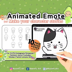 Puede incluir: Una ilustración digital de un gato con pelaje blanco y negro. El gato está en la pantalla de una tableta con un fondo de cuadrícula. El texto "Procreate Animations" es visible en la pantalla. La imagen está rodeada de un fondo verde con un borde blanco.