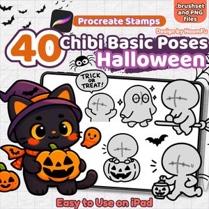 以下が含まれることがあります： ハロウィーンをテーマにした、ちびキャラクターと要素のデジタルアートセット。魔女の帽子をかぶった黒猫がカボチャを持ち、幽霊、コウモリ、クモの巣が含まれています。「40 Chibi Basic Poses Halloween」と「Easy to Use on iPad」の文字があります。
