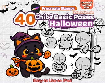 Chibi Halloween Procreate Stamps: Kawaii Poses & Clipart, Emote Base, Basic Pose, Stickers, Spooky, Clipart, YCH, P2U (PNGs Included)