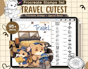 Kawaii Travel Procreate Stamps: Animal Doodle Brush Set (Digital Download)