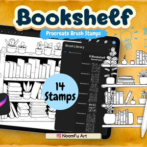 May include: A digital illustration of 14 black and white bookshelf stamps for Procreate. The image shows a bookshelf with books, plants, and other decorative elements. The text "Bookshelf" and "14 Stamps" are visible in the image.