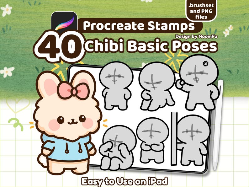 40 Chibi Base Pose Procreate Stamps – a cute kawaii drawing guide for artists. This set includes 40 chibi base poses with simple, round proportions, big heads, and short limbs, perfect for emote base, stickers, comics, clipart, and YCH or P2U artwork. Use these Procreate brushes to speed up your workflow, create kawaii characters, or design emotes and digital products. Great for beginners or professionals, these chibi stamps are versatile, customizable, and easy to adapt for kawaii art.
