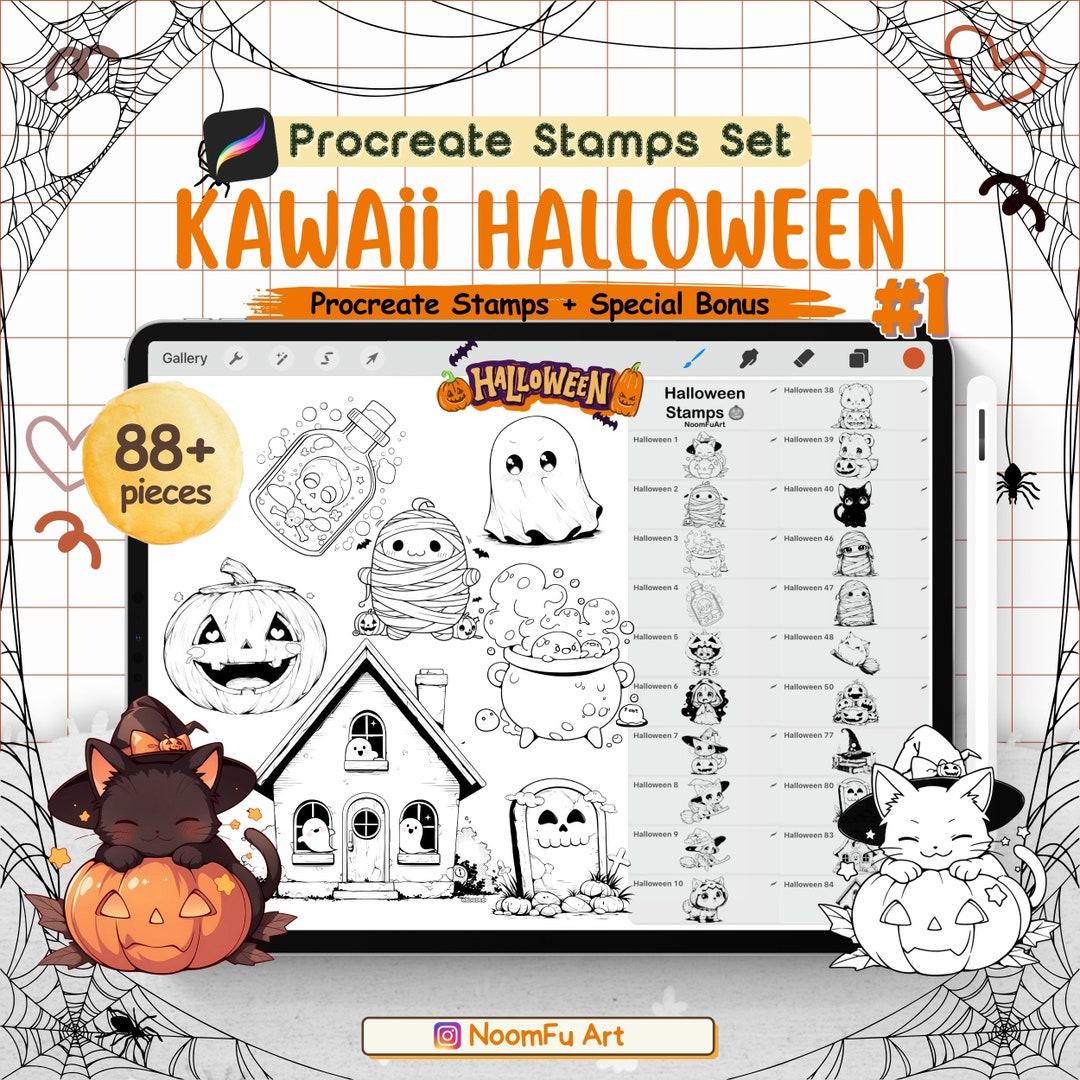 88 Halloween Kawaii Procreate Stamp Set – Cute Ghosts, Pumpkins, and ...